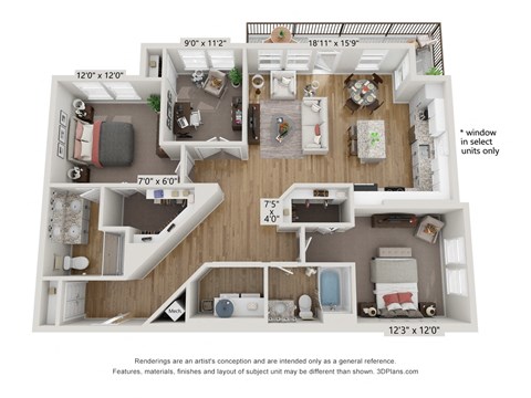 Floor plan for 2 beds, 2 baths, 1341 sqft